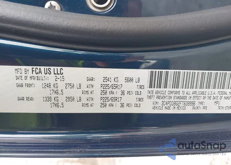 2015 Dodge Journey Sxt z USA, uszkodzony, nr VIN 3C4PDDBG2FT639996